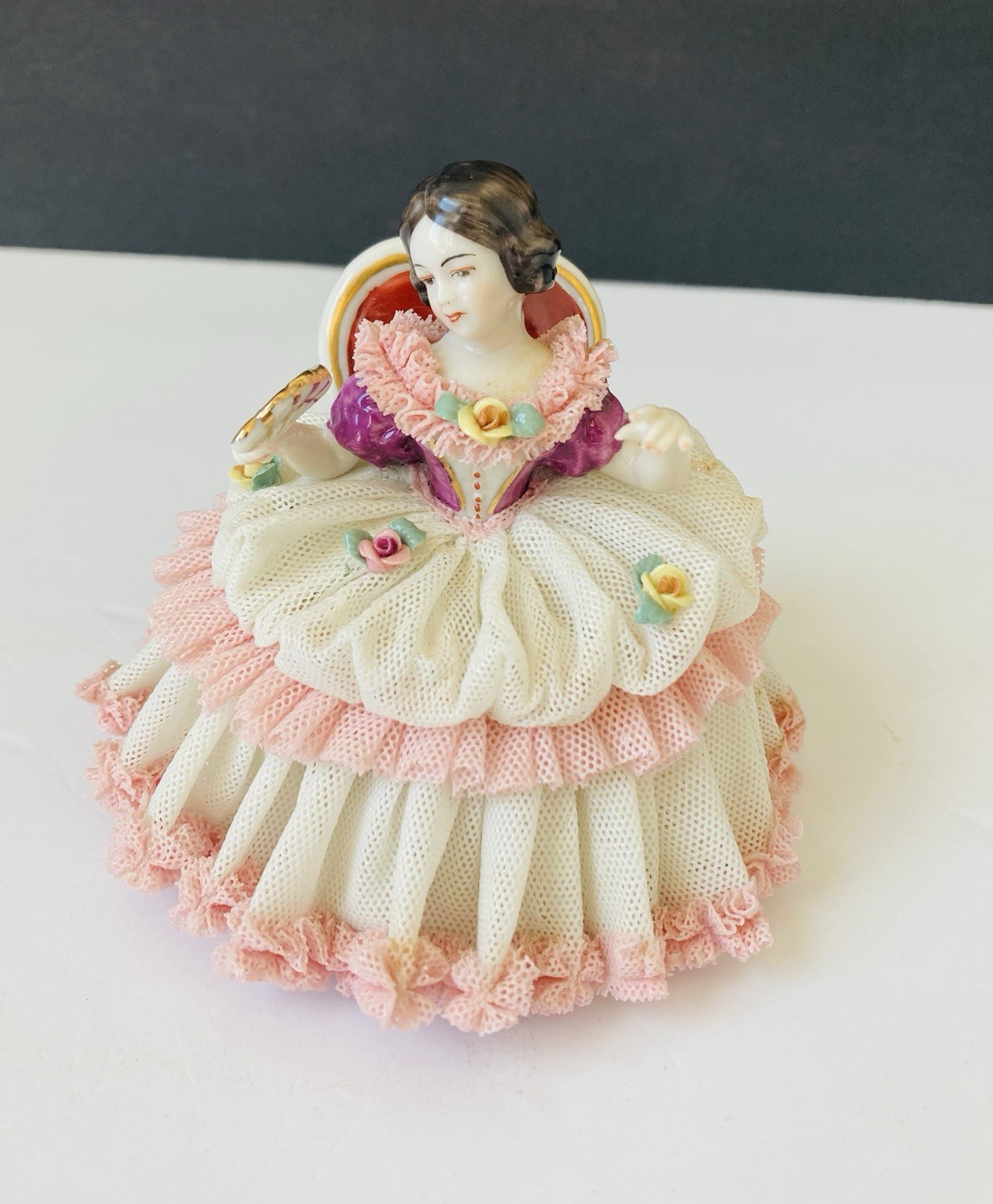 Antique Porcelain Lace Figurine ‘ Woman with Fan’  3 3/4” West Germany