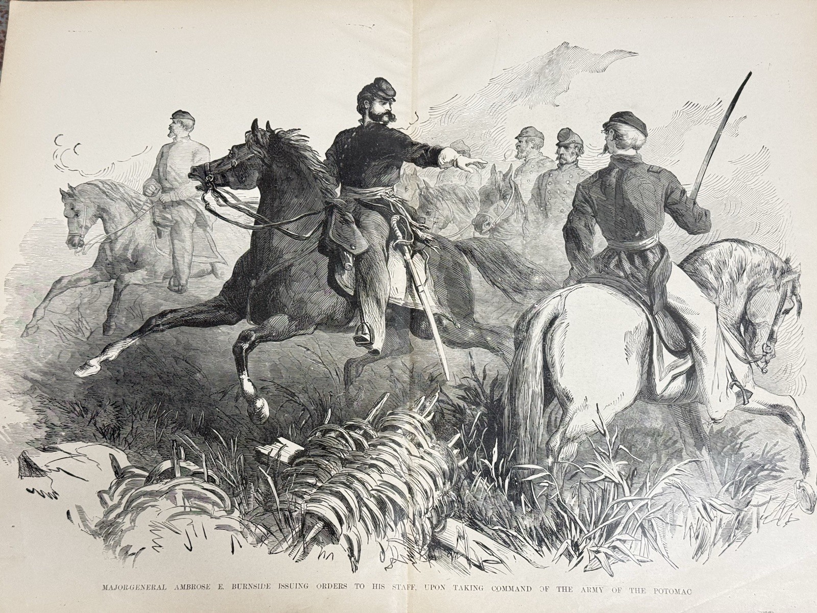 Antique Civil War Engraving: Gen. Burnside Issuing Orders to Staff