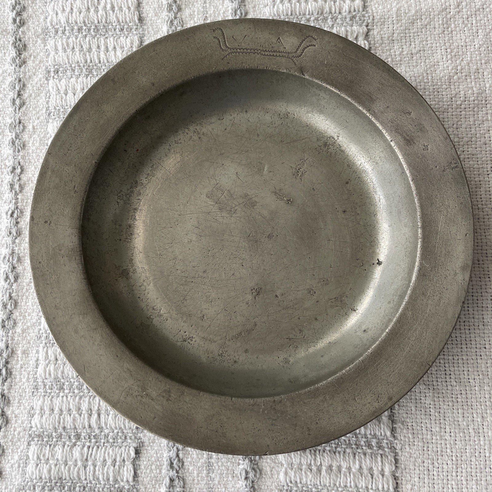 Antique Pewter 9” Rimmed Bowl with Wiggle Work on Edge & 3 Makers Marks on Back