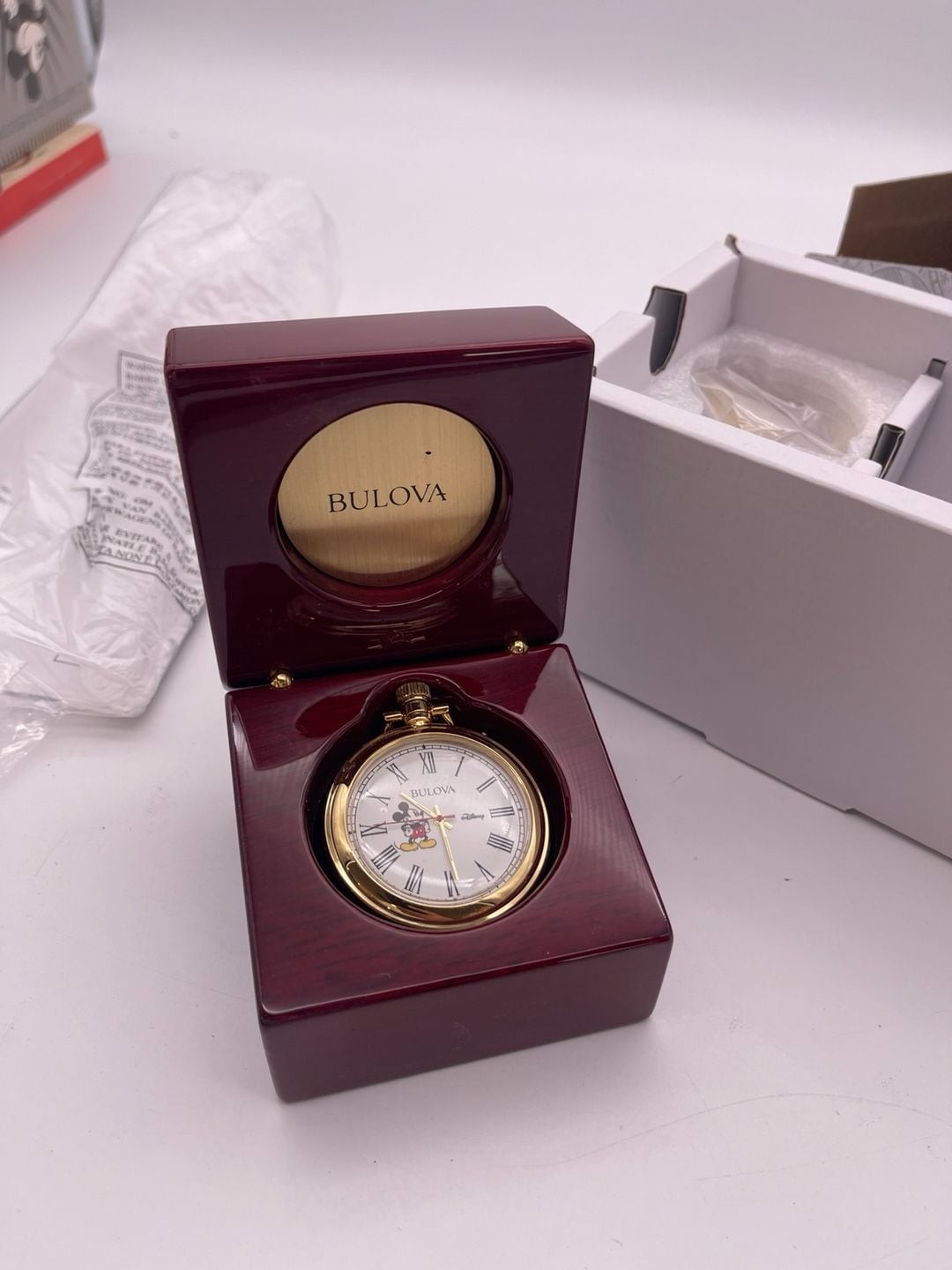 Bulova Disney Mickey Mouse Gold-Tone Pocket Watch with Mahogany Presentation Cas