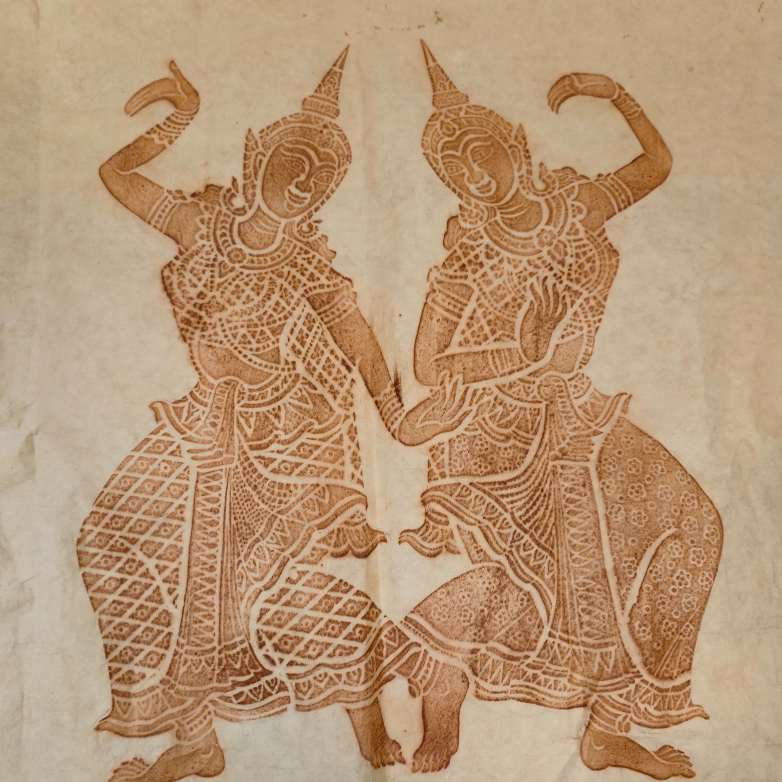 Two Thai ladies dancing, 1960's Vintage Thailand Art