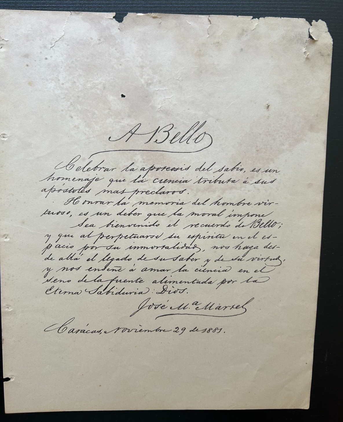 Jose Maria Marsel Note Andres Bello 100 Anniversary (1881 Facsimil)