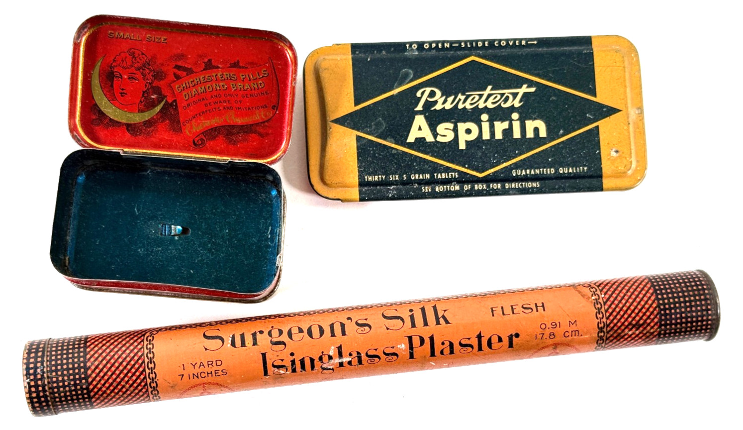 Antique Medicine Tins Chichesters Pills Surgeons silk Puretest advertising