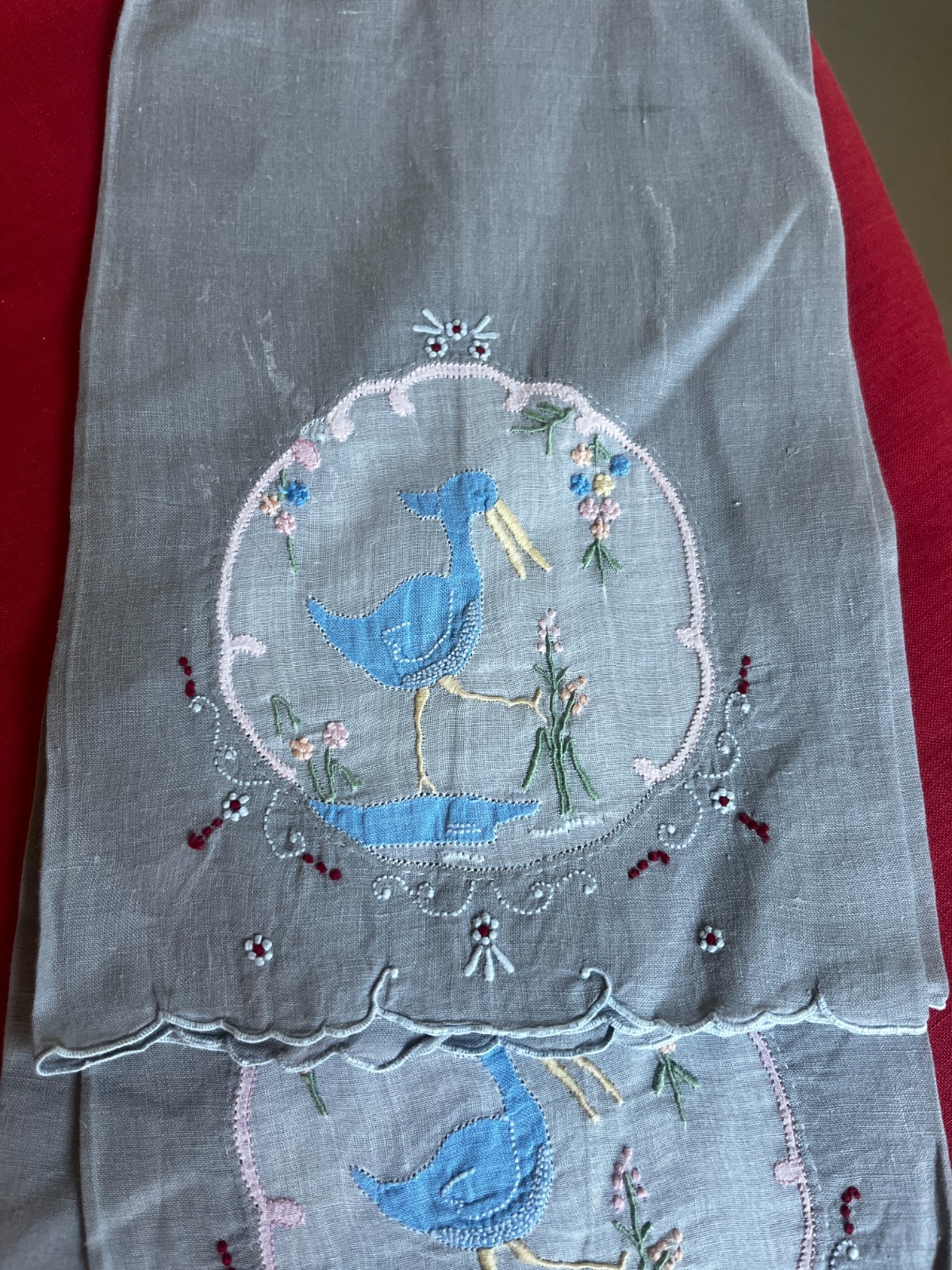 Vintage Hand Embroidery Appliqué &  Organdy Linen Guest Hand Towel Gray - Stork