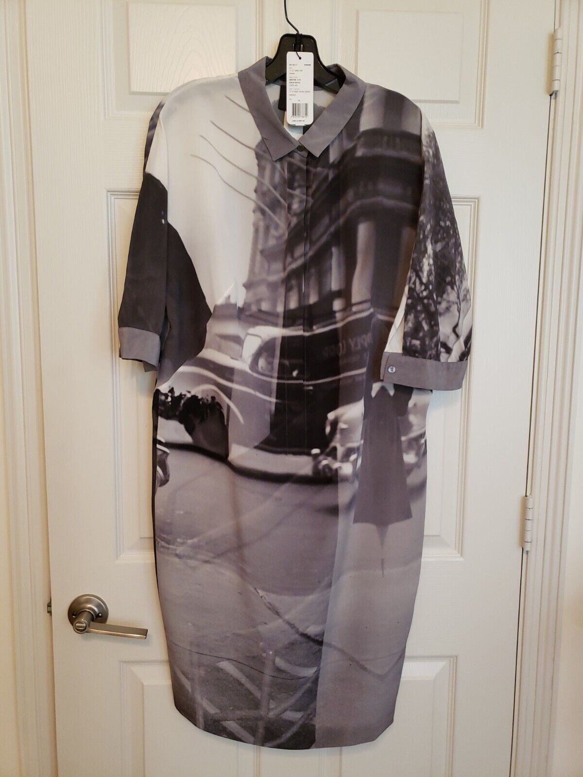 Akris Photo Print Short Sleeve Silk Shift Dress 14 US gray tones