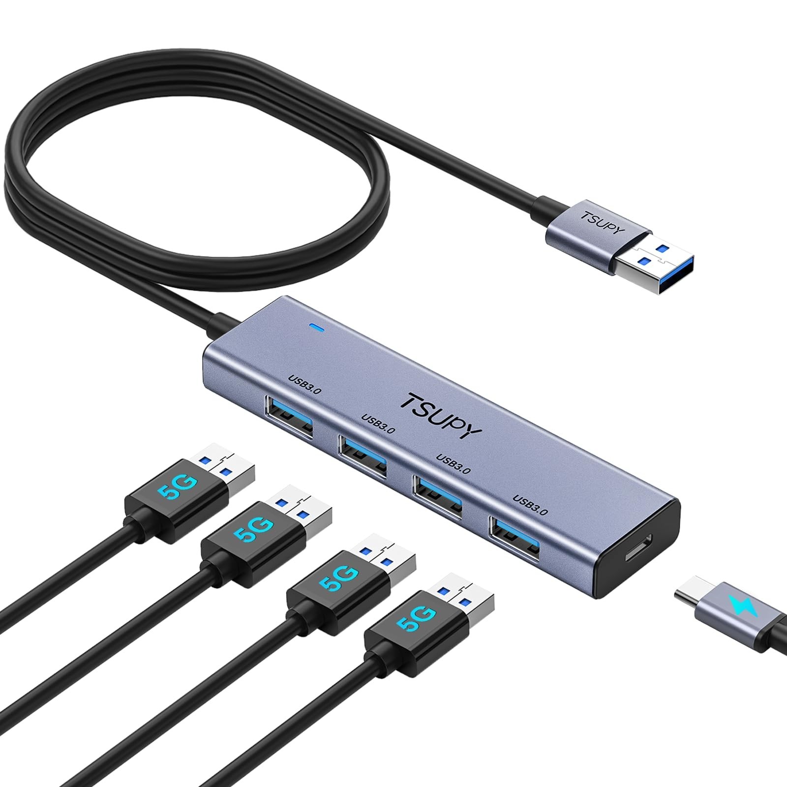 USB 3.0 HUB, TSUPY USB Splitter with 5 USB Ports and 4ft Extended Cable,Ultra... USB 3.0 HUB, TSUPY USB Splitter with 5 USB Ports and 4ft Extended Cable,Ultra...