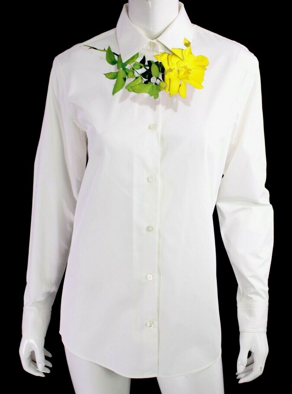 DRIES VAN NOTEN Bright White Cotton Yellow Rose Long Sleeve Blouse 34