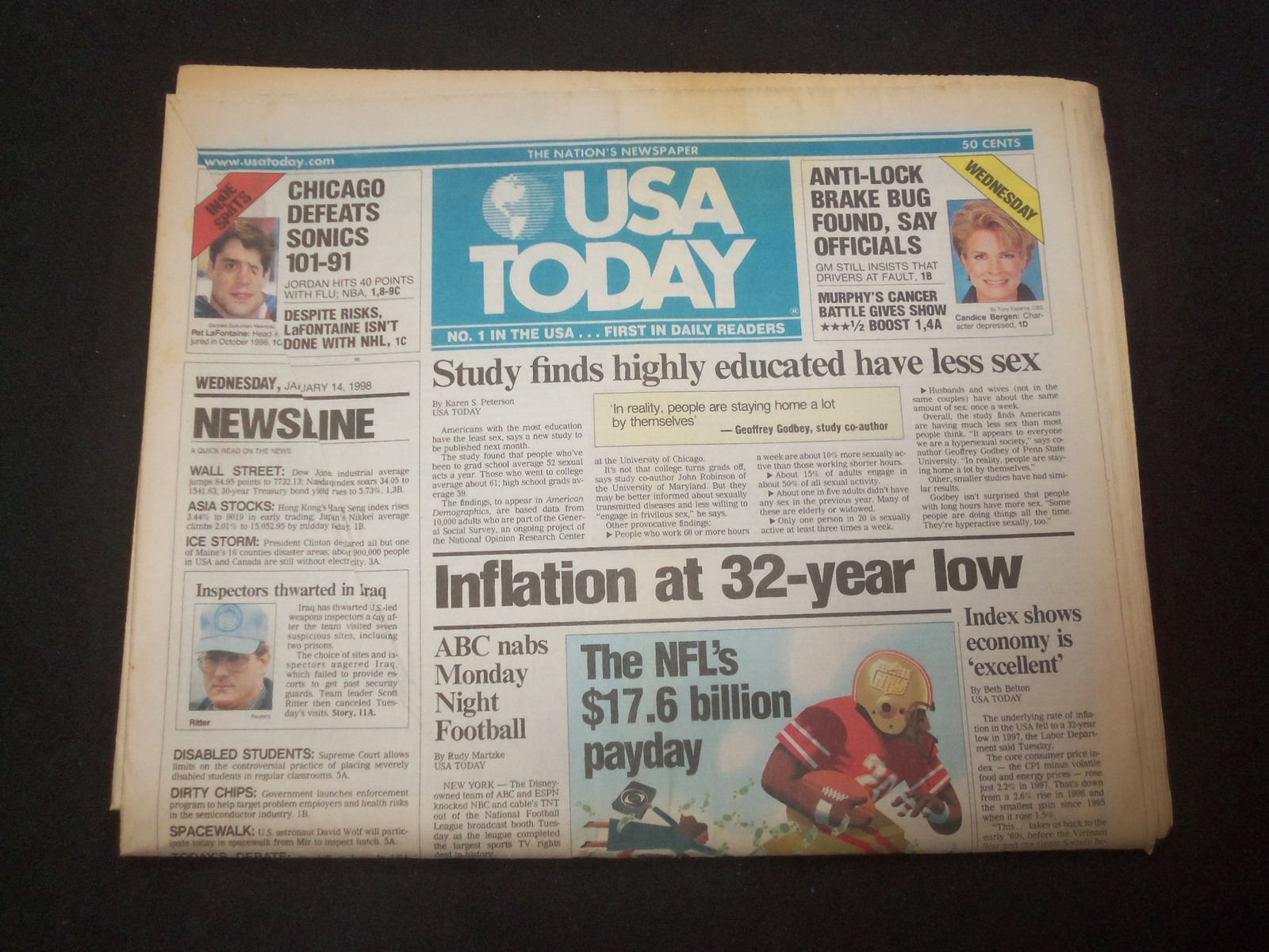 1998 JANUARY 14 USA TODAY NEWSPAPER - INFLATION AT 32-YEAR LOW - NP 7899