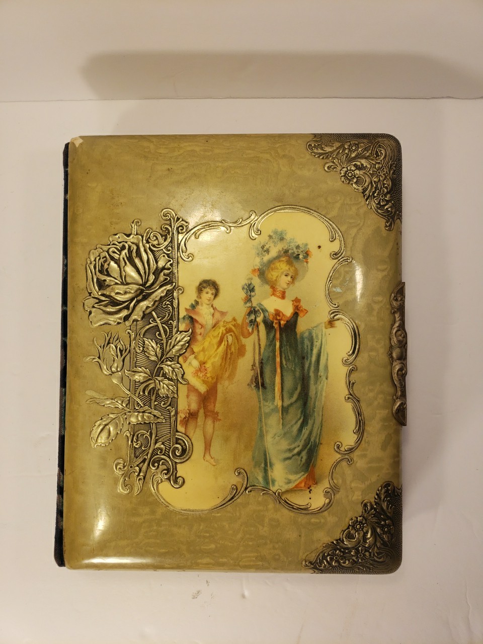 Antique Victorian Photo Album Empty Celluloid Silver Rose Ladies Blue Velvet 10\