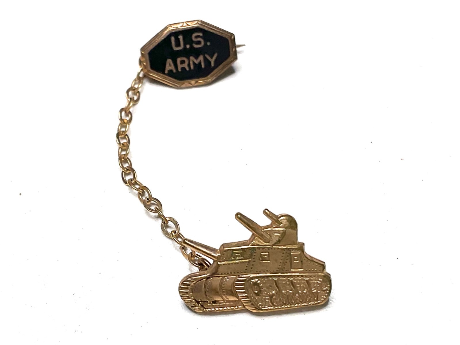 Vintage US Army Tank Sweetheart Brooch Double Pin Chain WWII Era Style