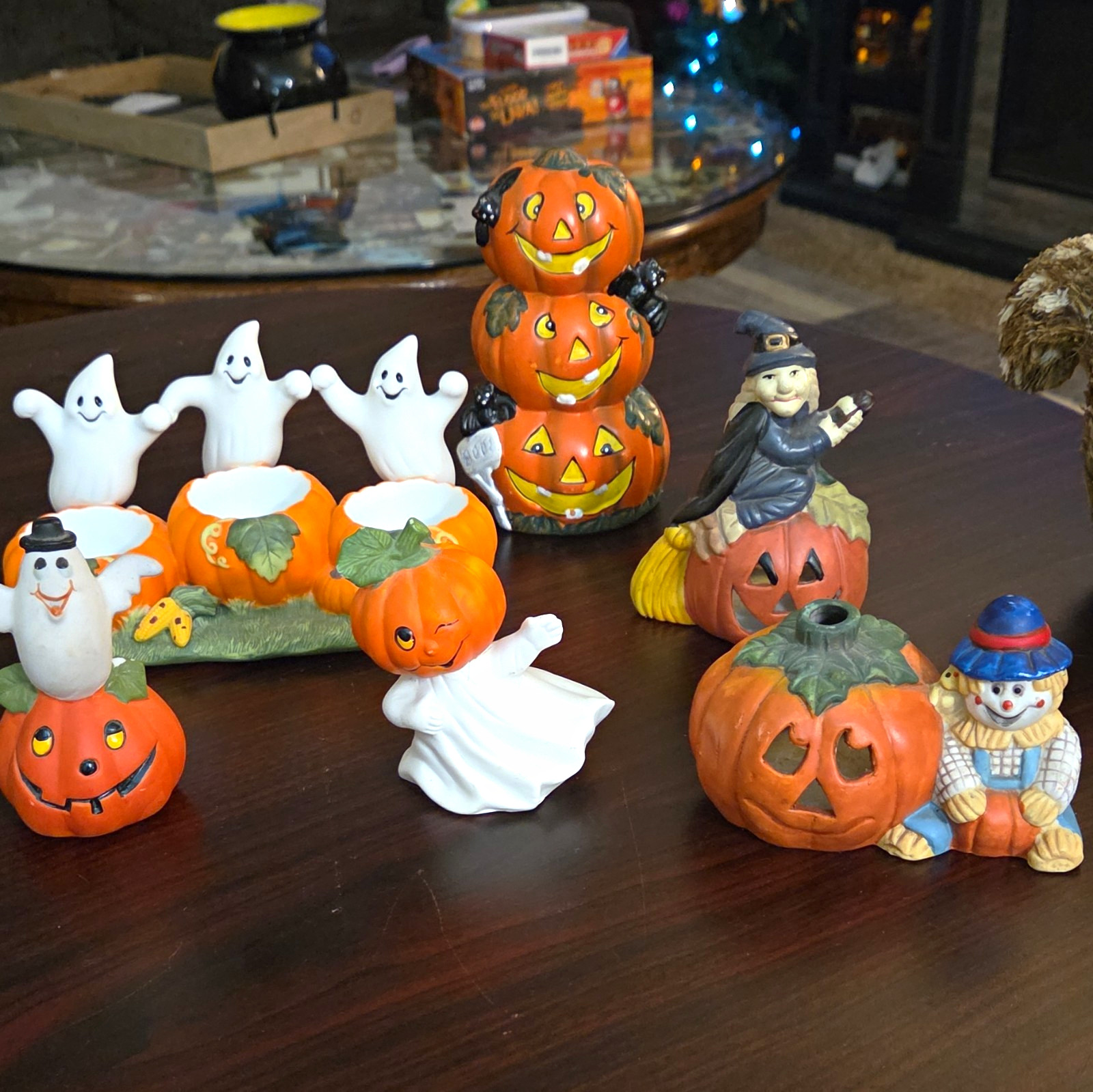 Vintage Halloween Painted Figurines Lot Ghost Witch Scarecrow Jack-O-Lantern