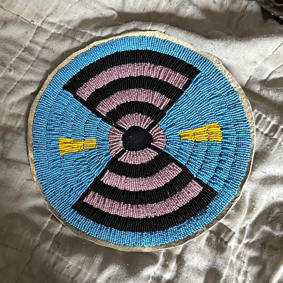 8” Round hand beaded  Rosette Blue Pink Black Design beaded on brain tan leather