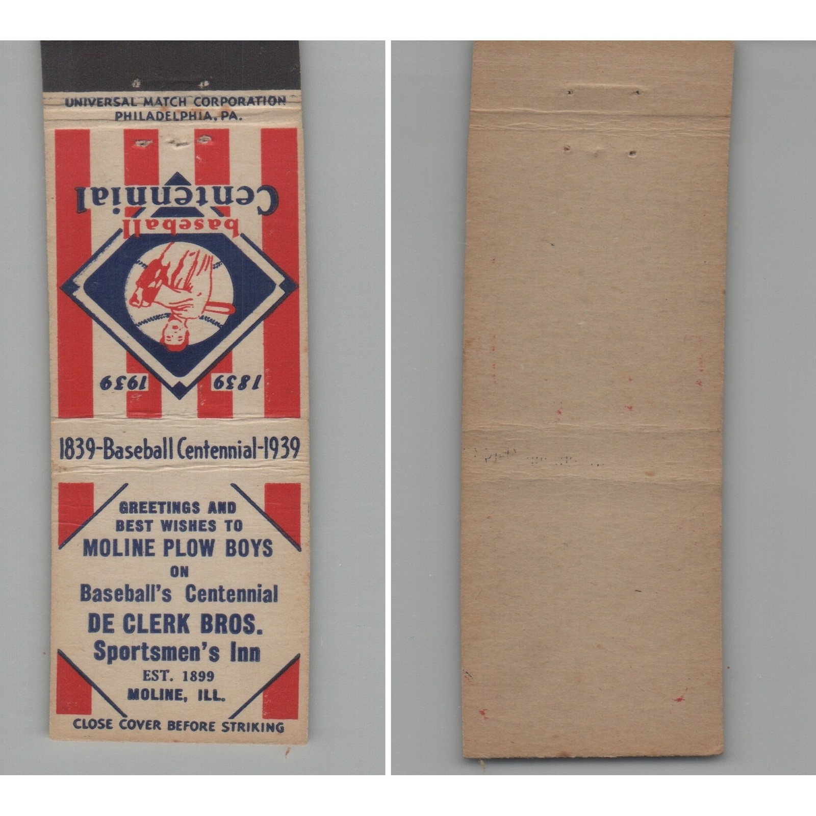 1930s Baseball Centennial 1839-1939 - Sportsmen\'s Inn Moline IL Matchbook Cover