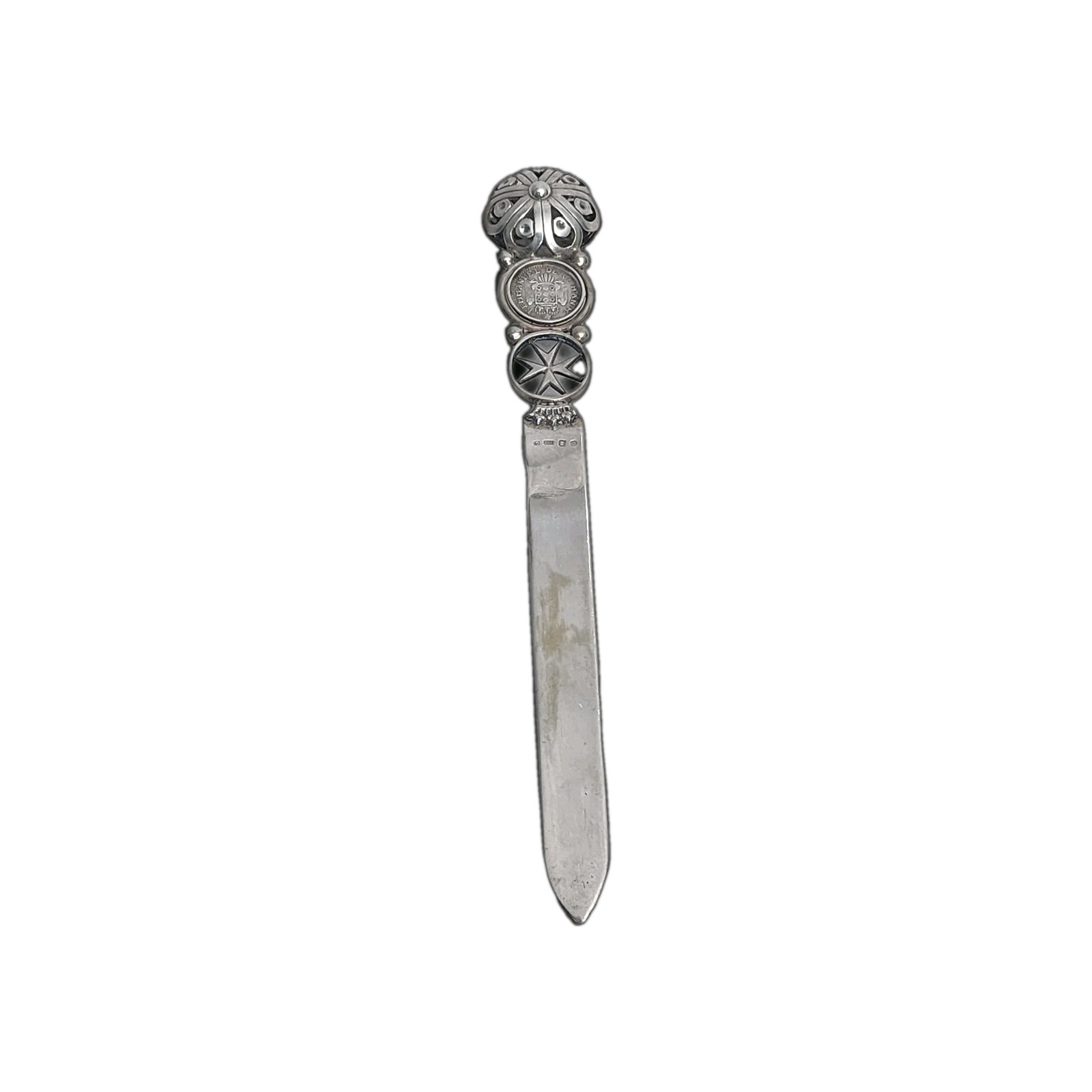 Antique Maltese 800 Silver Letter Opener – Inset Holy Sepulchre Coin Medallion.