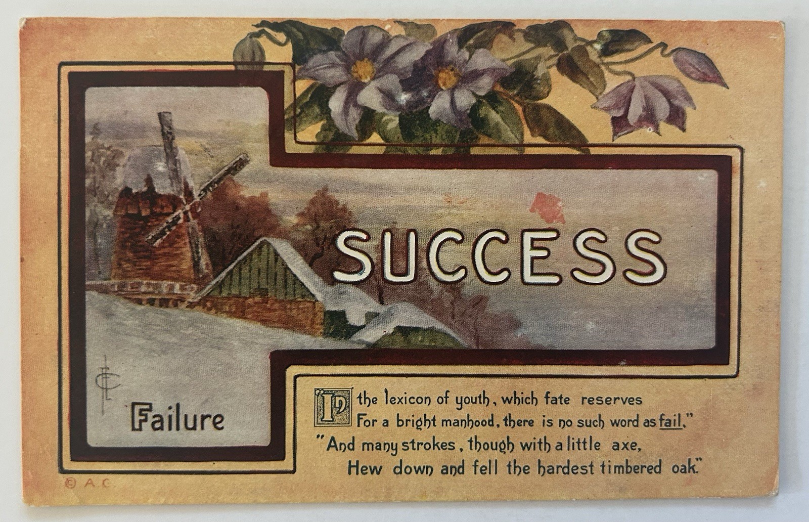 1909 Success & Failure Motivational Postcard Windmill Snow Scene Arthur Capper