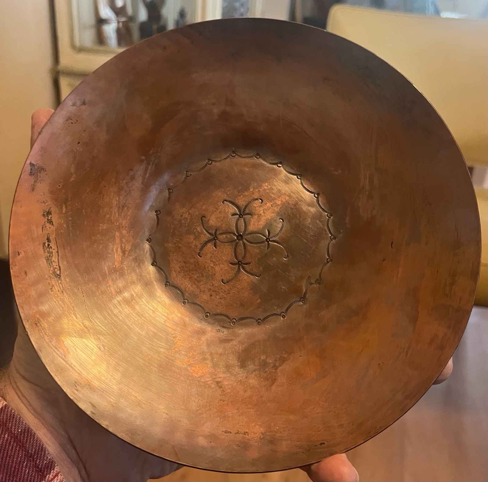 vtg Native American Navajo Southwest Harvey Era Stamped Copper Tray Bowl Plate 