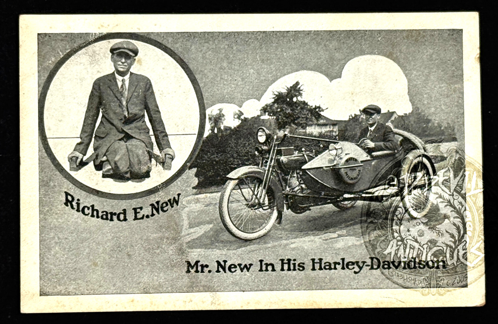 RARE 10s Richard E New Harley Davidson Motorcycle  circus sideshow postcard