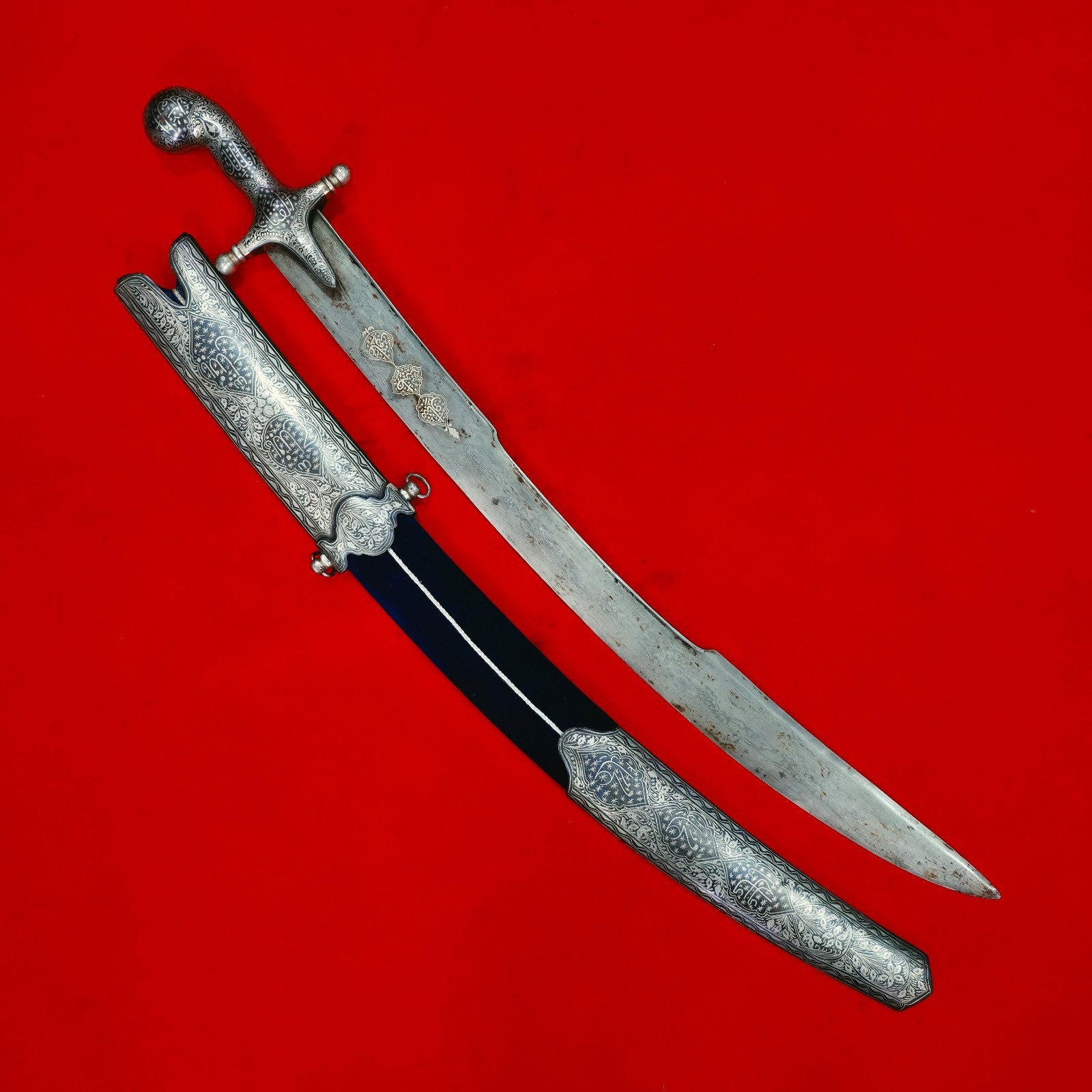 Indo Persian Mughal Islamic Silver Koftgari Damascus Sword Shamshir Kilij Pala