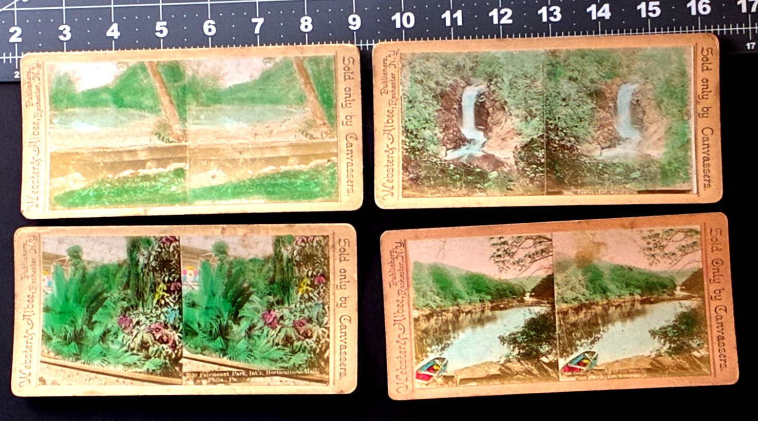 1844 - Hand Colored Floral, Boat, Water, Bridge. FOUR Stereoview Cards    PB