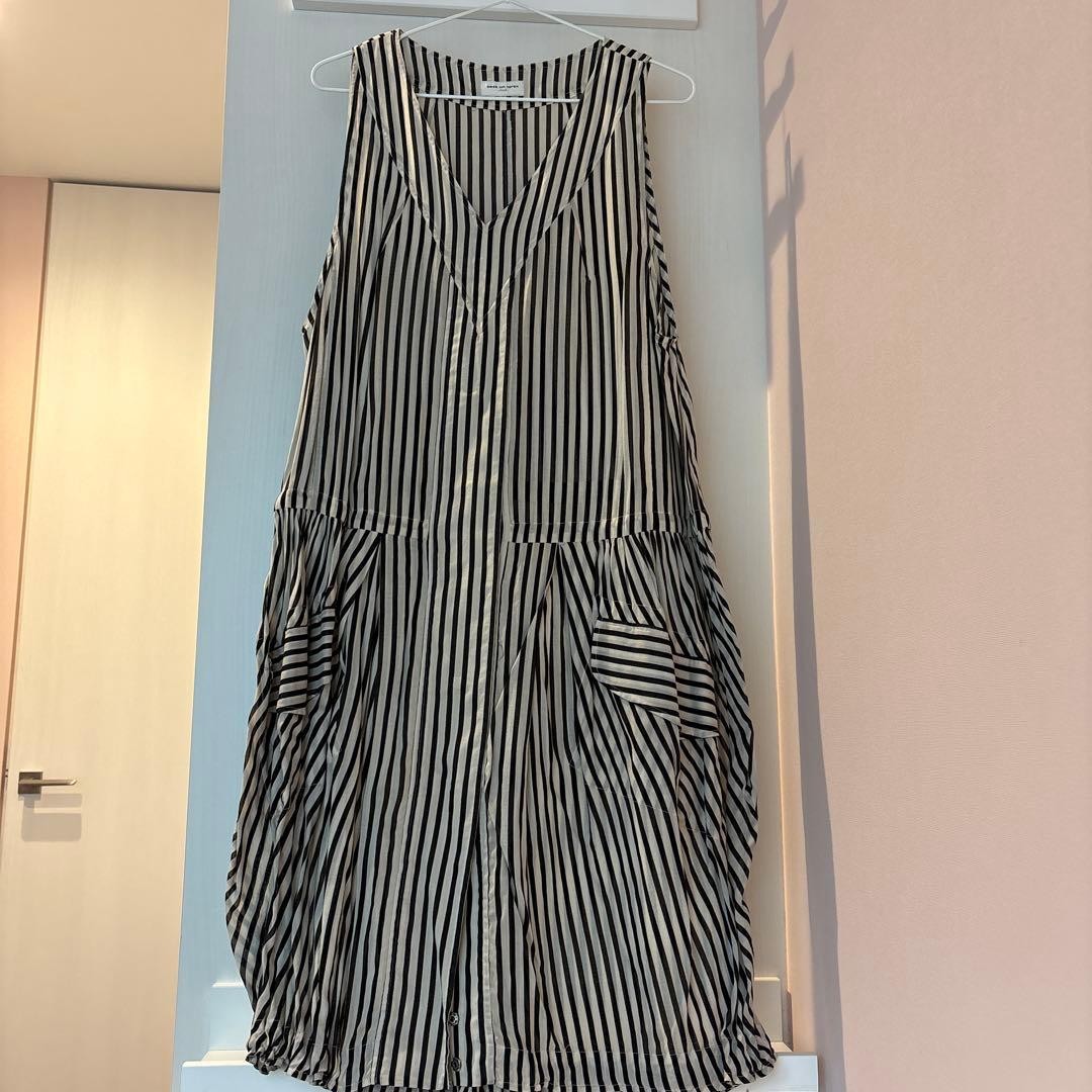DRIES VAN NOTEN Striped Sleeveless Shirt Dress Ecru Black Stripe Pullover Front