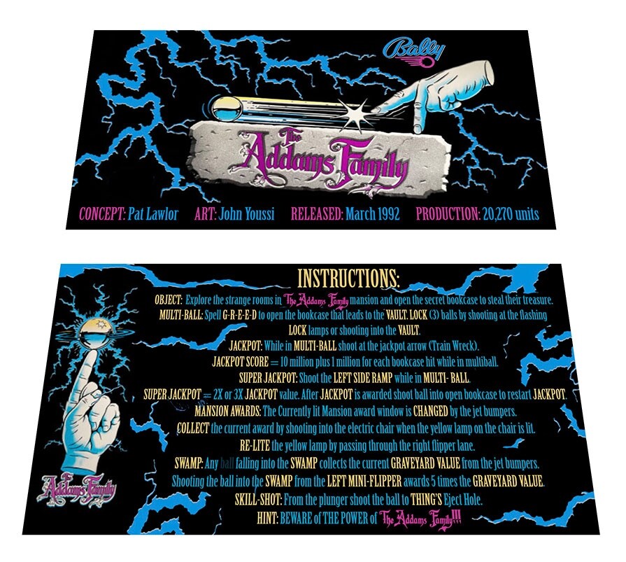 Bally The Addams Family Pinball Custom Apron Instruction Cards