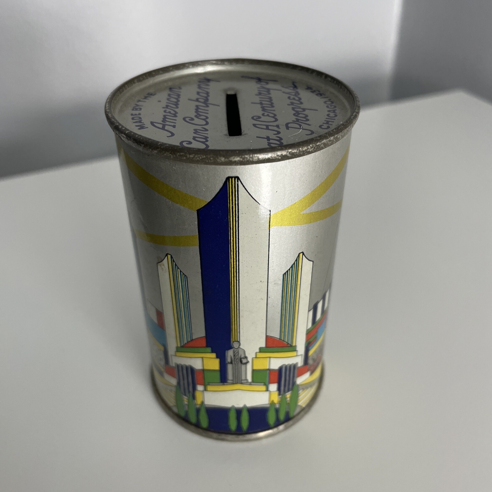 Vintage Chicago Worlds Fair 1933 1934 American Can Company Metal Bank 3.5 Inches