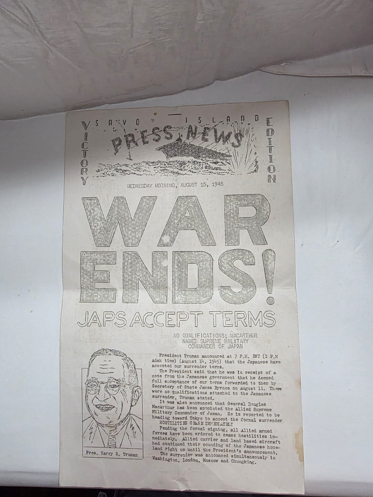 August 15, 1945 Original Savo Island press news Victory Edition