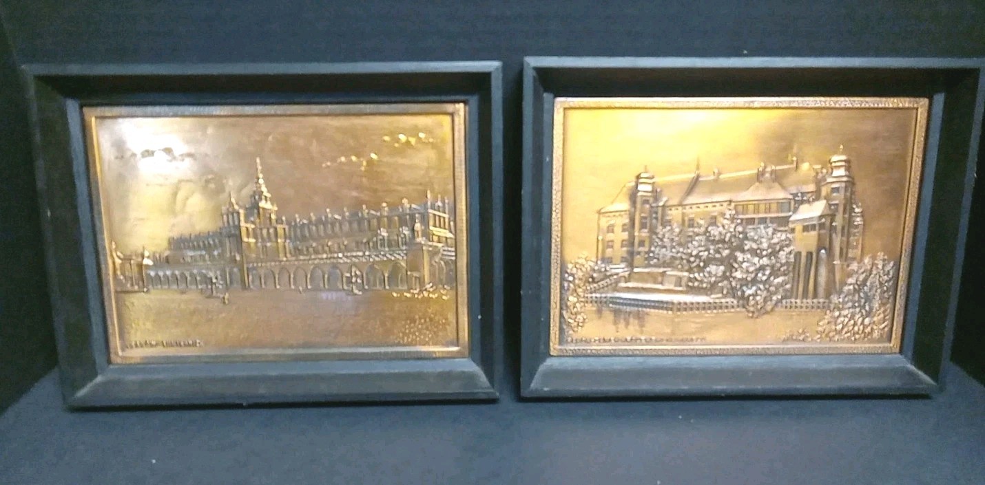 2 VTG Copper Relief Wall Art Plaque Poland Kraków Sukiennice Zamek Królewski 