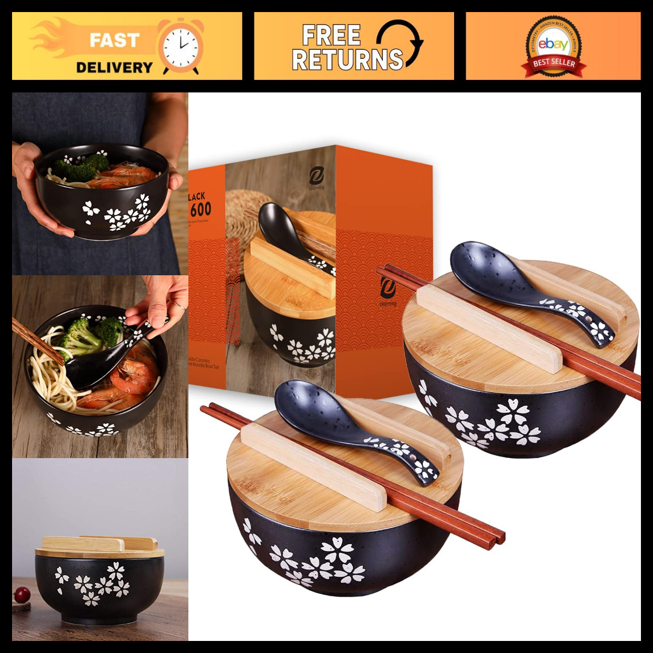 Vintage Japanese Ramen Bowl Set with Lid - Black Ceramic Soup & Salad Bowls (2pc