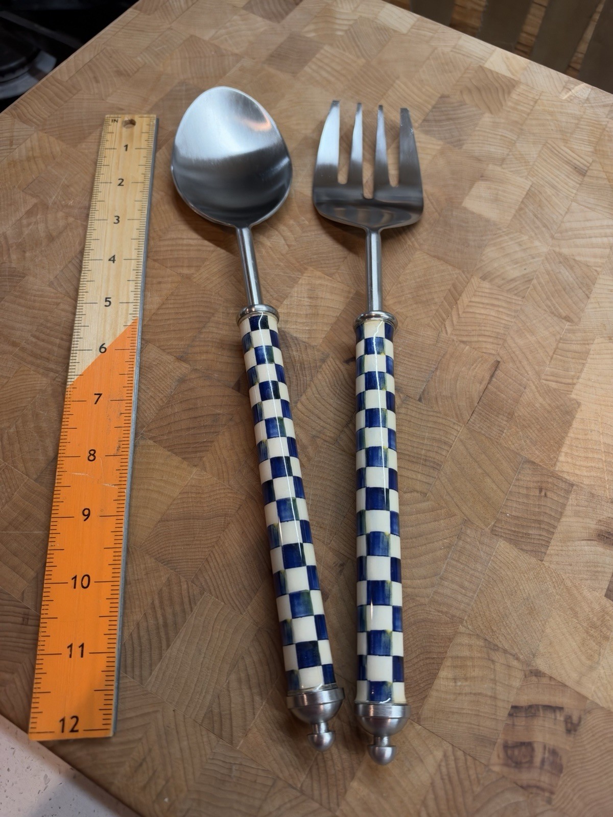 Mackenzie Childs Royal check 2 Large Service Ware Tools Salad Fork Spoon