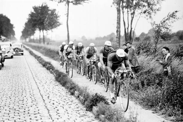 Tour De France 1937 Six Racing Cyclists On The Verge Of The Road For Old Photo