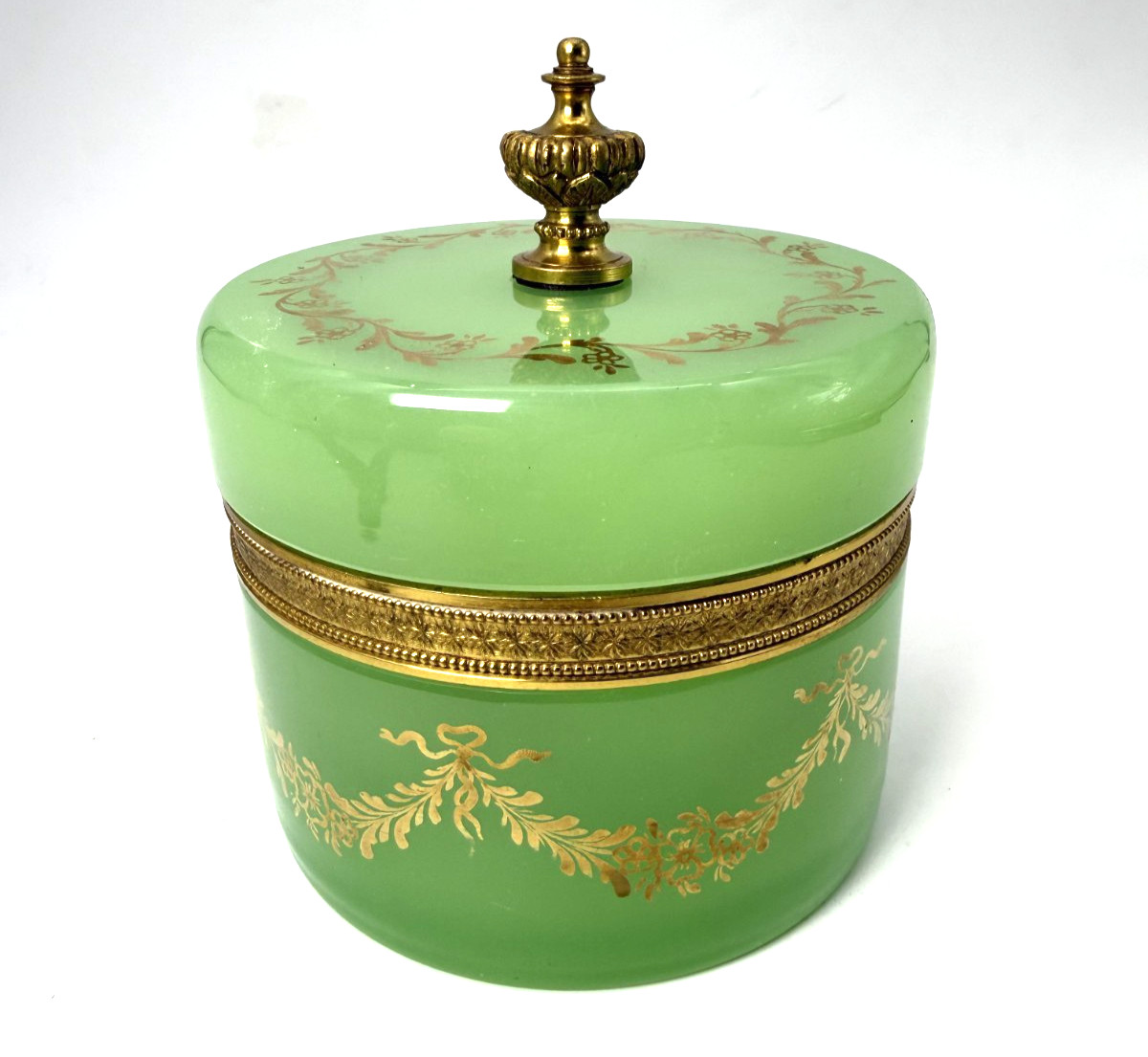 Antique 1880 French Opaline Green Gold  Round Bronze Mount & Finial Dresser Box