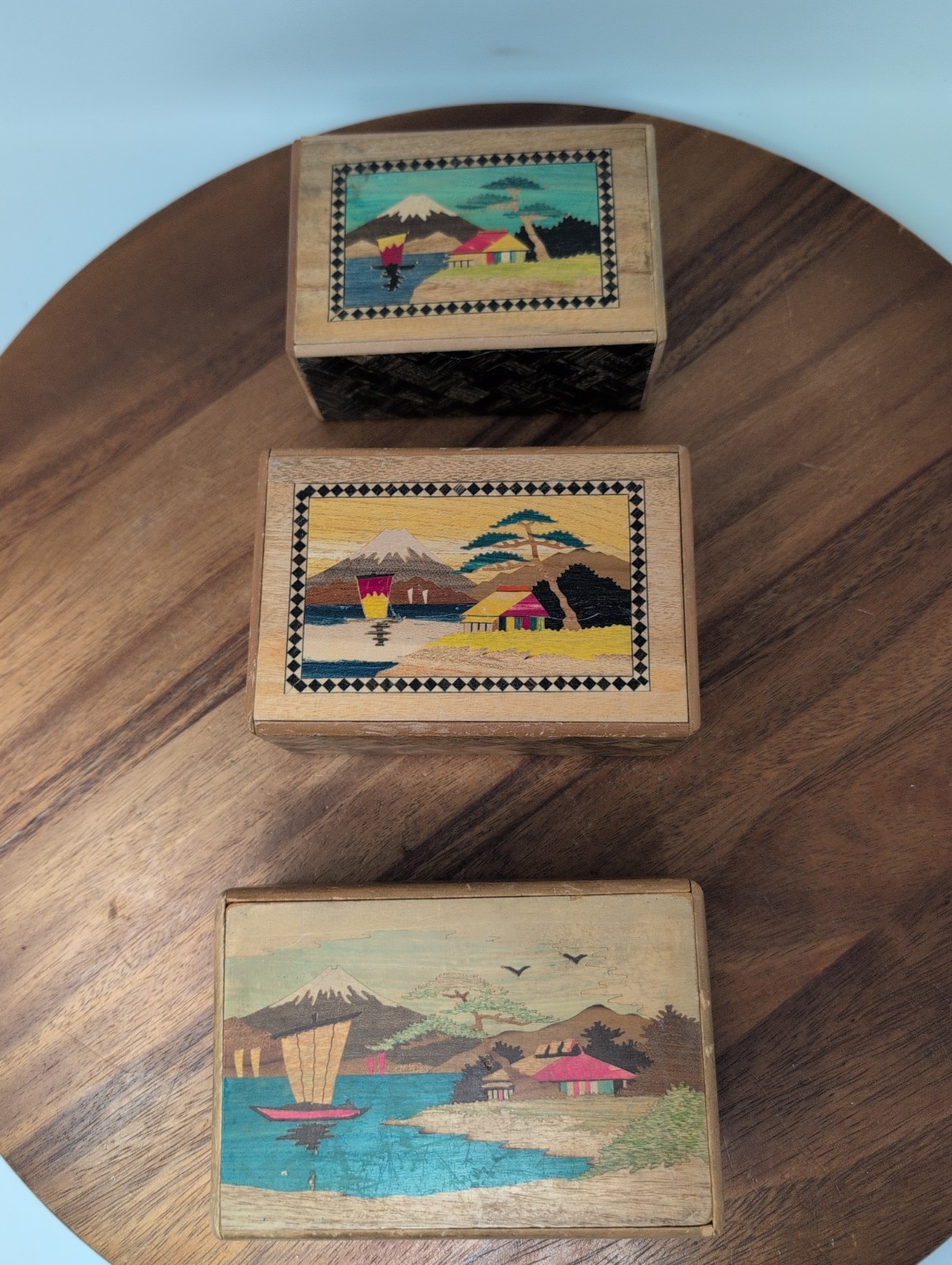 Vintage Japanese Secret Puzzle Box Set of 3 Yosegi Mt Fuji Inlay Himitsu Bako