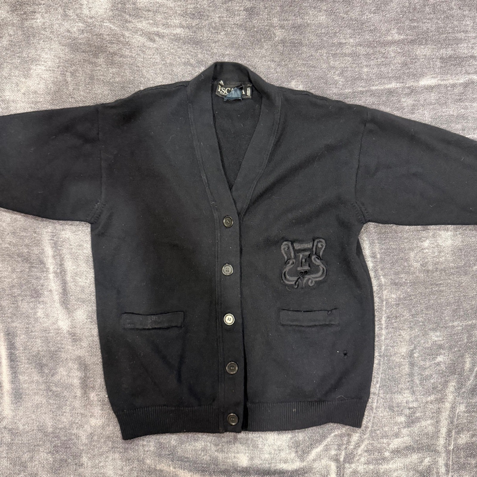 Escada Margaretha Ley Vintage Black Wool Crest Cardigan Sweater Germany Size 42
