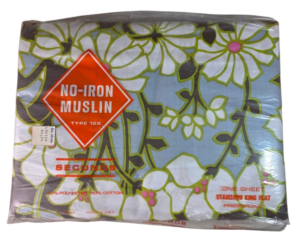 Vintage King Flat Sheet  No-Iron Muslin Floral Trim Selected Seconds Made In USA