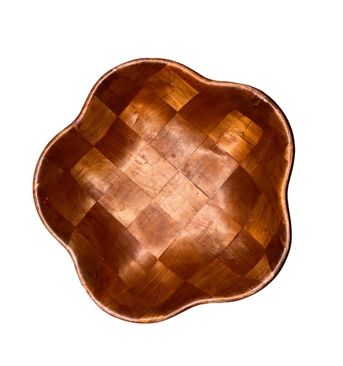 Vintage Mid Century Woven Parquet Wood Flower Shaped Chip / Serving Bowl 10in