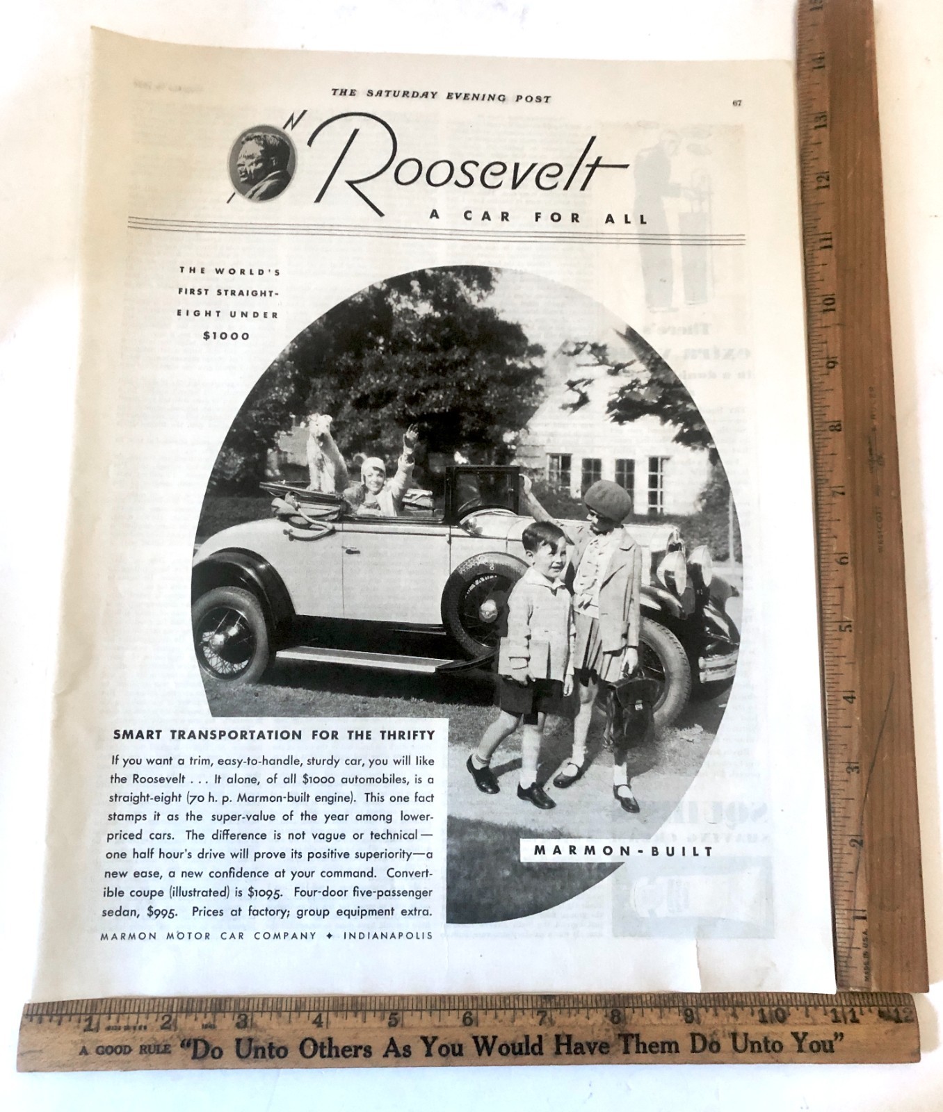 Vintage 1929 Marmon Roosevelt Coupe Automobile Advertising Sign Original Ad