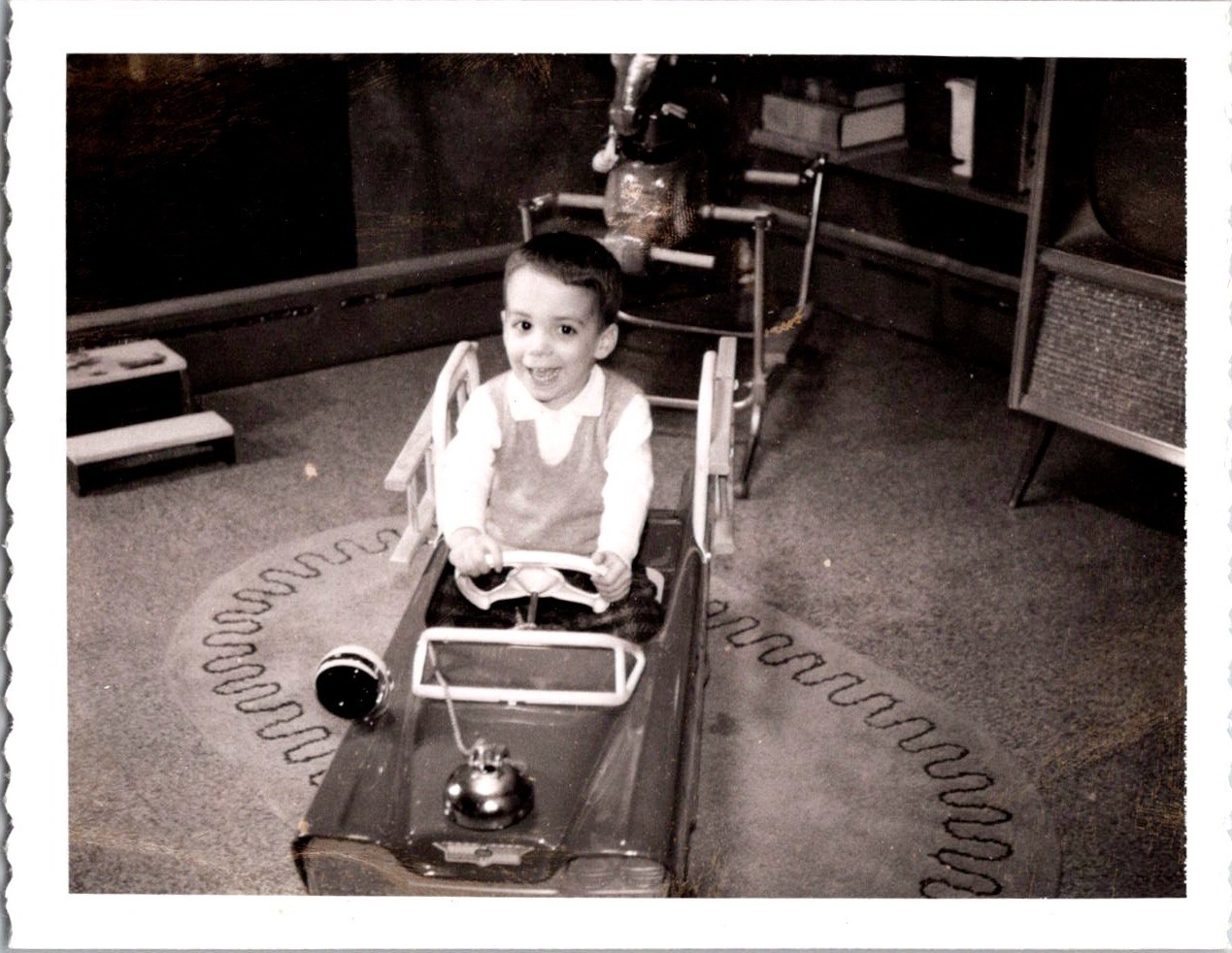 Vtg 1950s Snapshot Photo Little Boy Child in Pedal Car Polaroid Studios Print