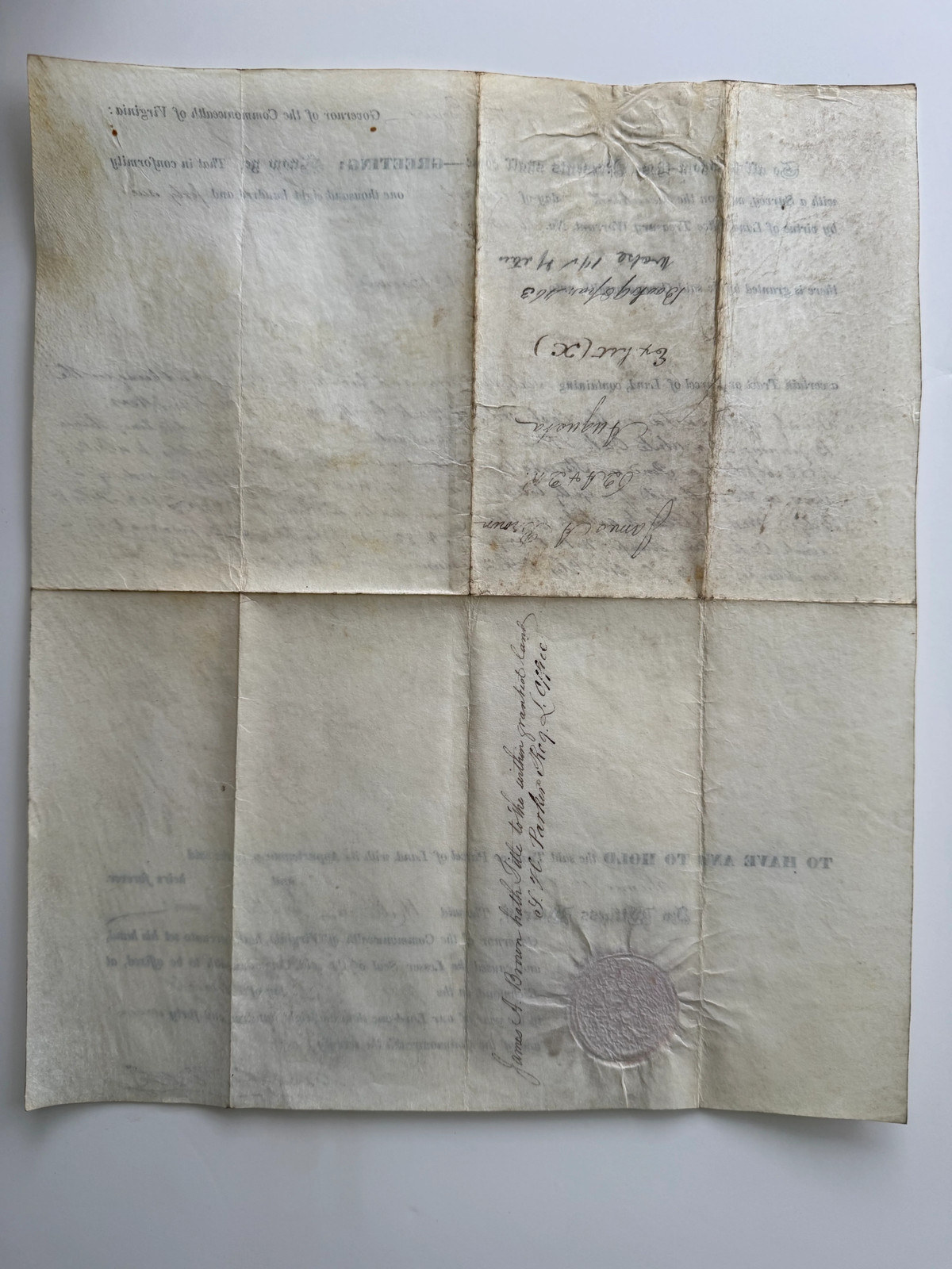 1847 Virginia Land Grant Signed by Governor William \