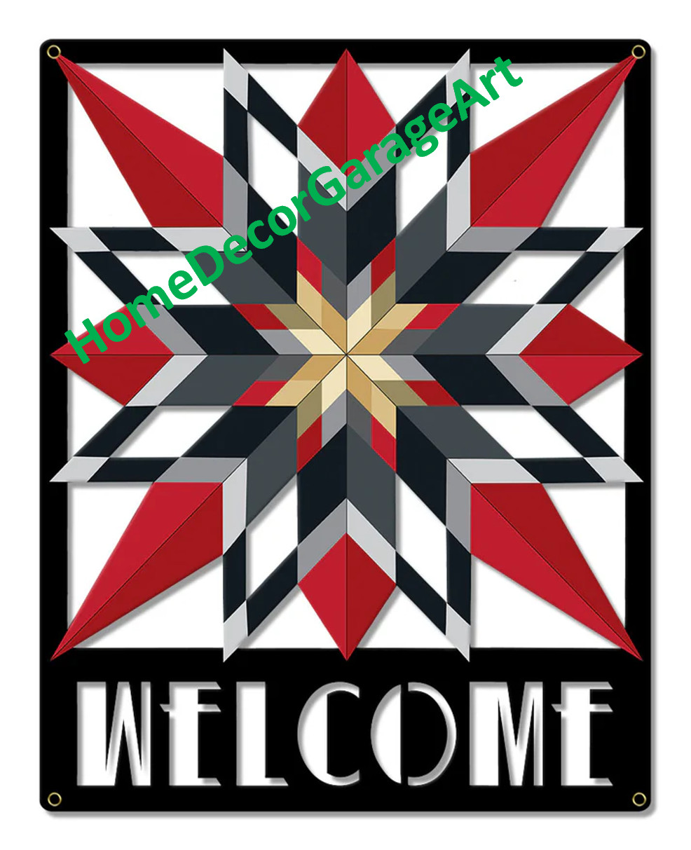 Amish Barn Quilt Metal Sign, Welcome Sixteen Star Cutout Design