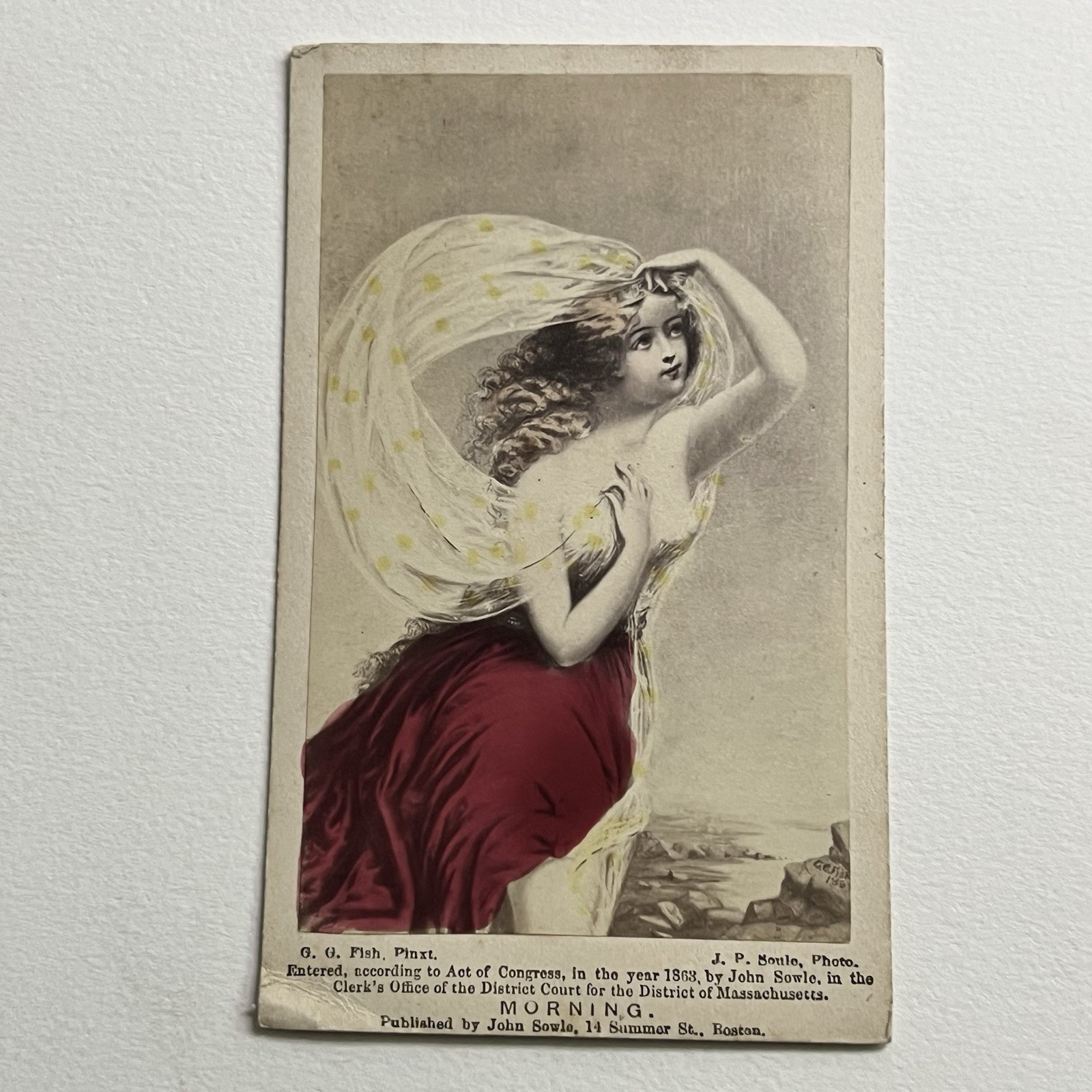 Antique CDV Album Filler Photograph Illustration Beautiful Woman Morning Tinted