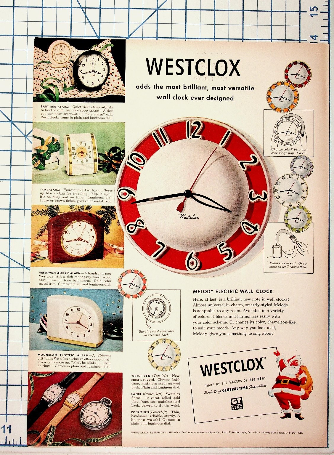 Vintage 1950s Westclox Clocks Ad Melody Wall Baby Ben Travalarm Magazine Print