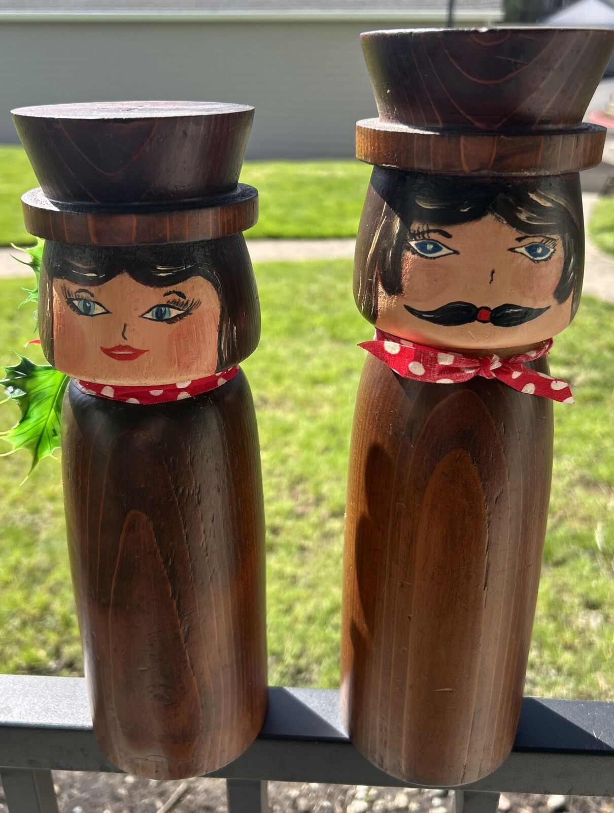 Vintage Wooden Candle Pillar Holders Hipster Man and Woman Folk Art Unique 
