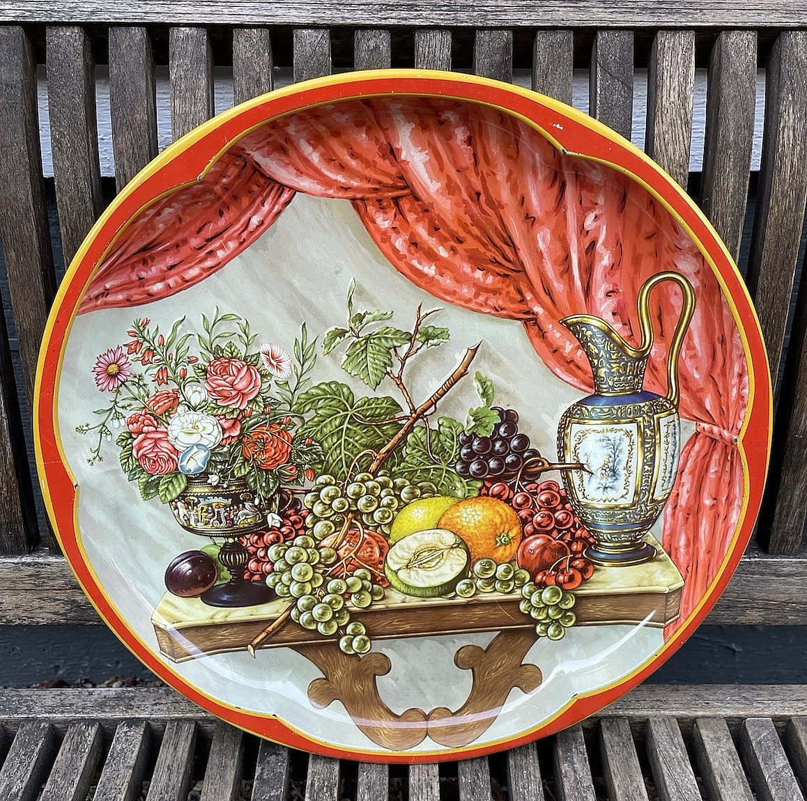 Vintage Daher Metal Tray Decorative Floral Round 1970s England Fruit Flowers HTF