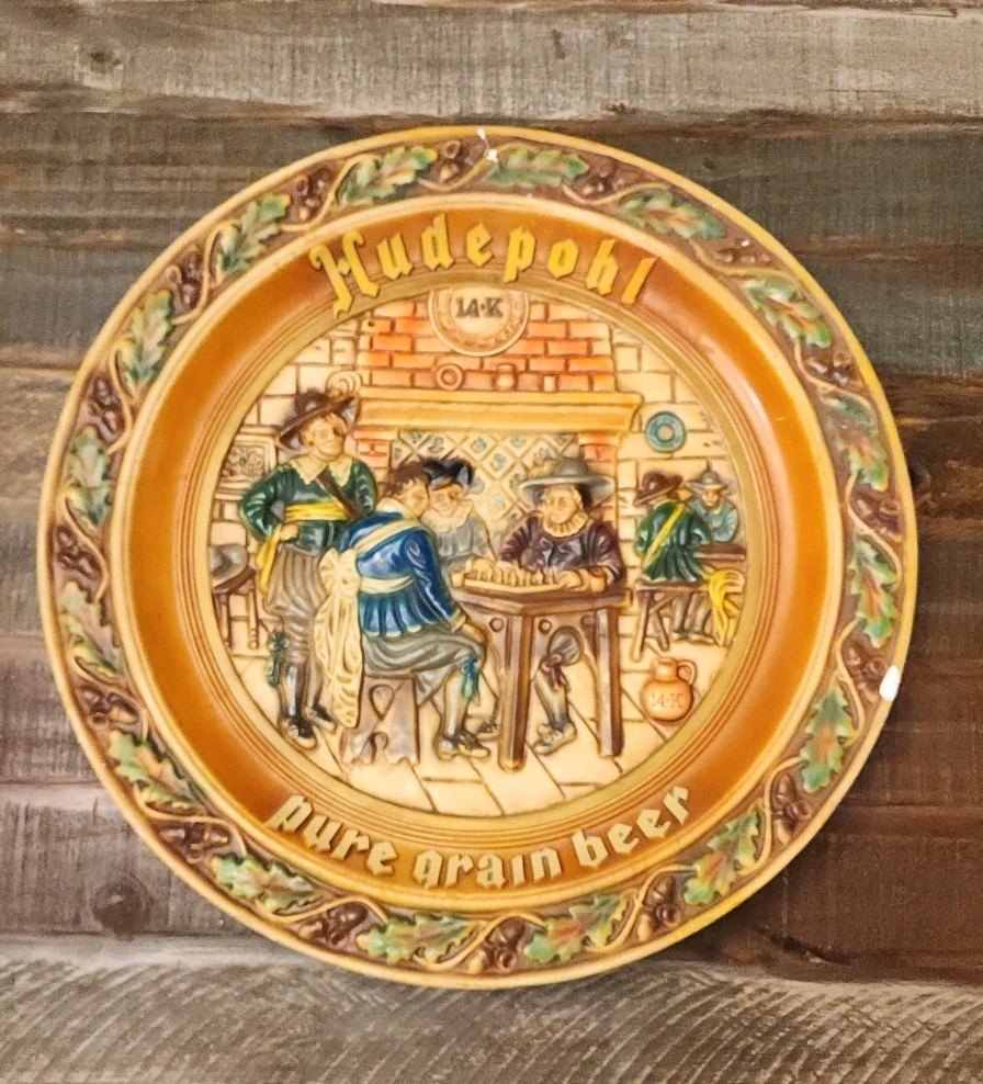 Vintage Hudepohl Beer Chalkware Back Bar Sign Ceramic Plate Platter Tray 21\