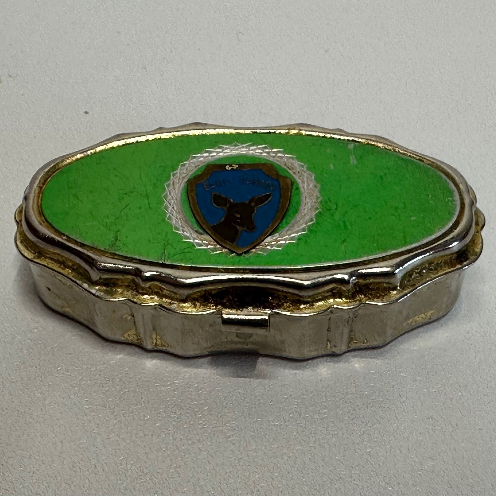 Pill Box Green Fair Banff Canada Souvenir Deer Enamel Retro