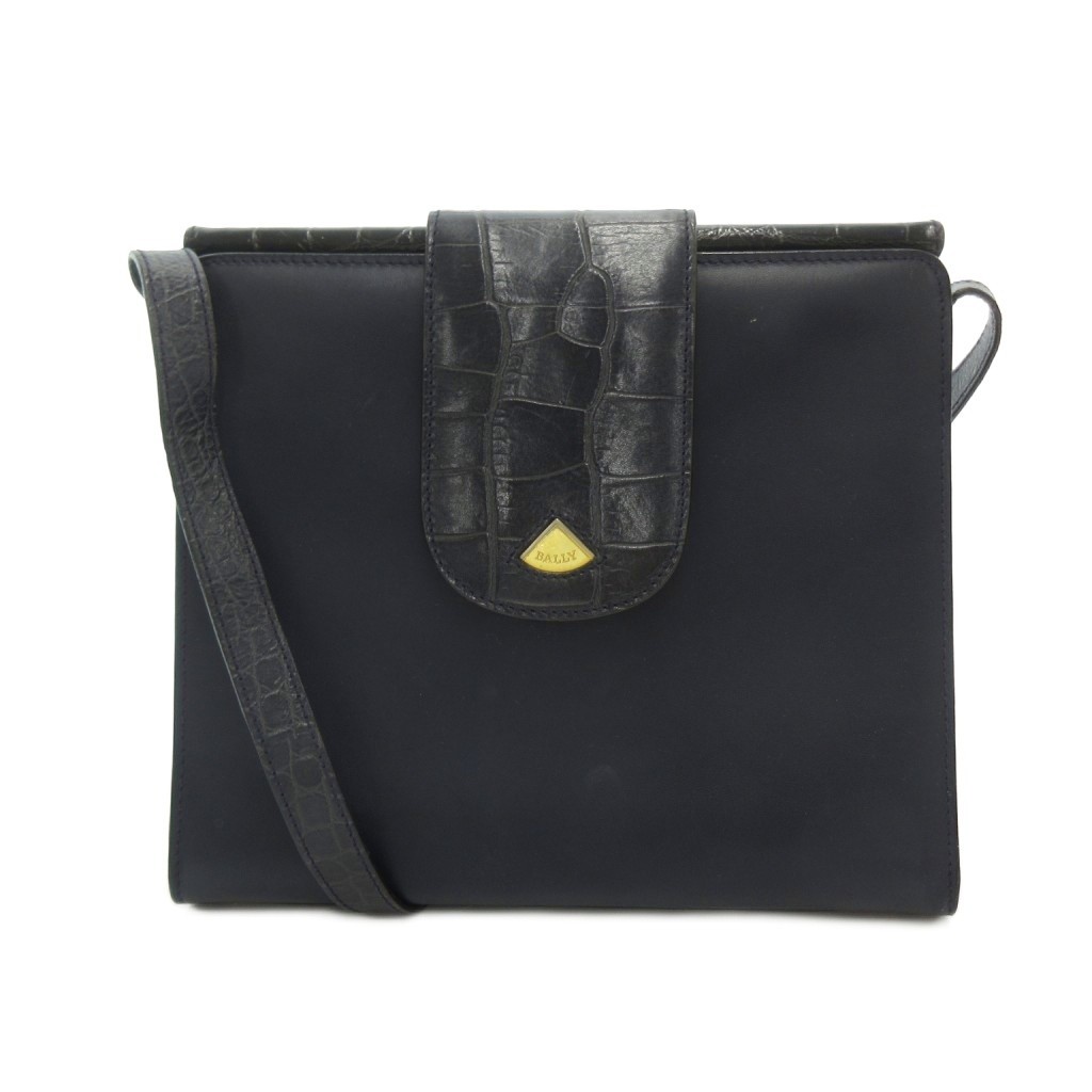 BALLY Navy Croc Embossed Flap Shoulder Bag Square Shape 23cm Used (Ages 14+)
