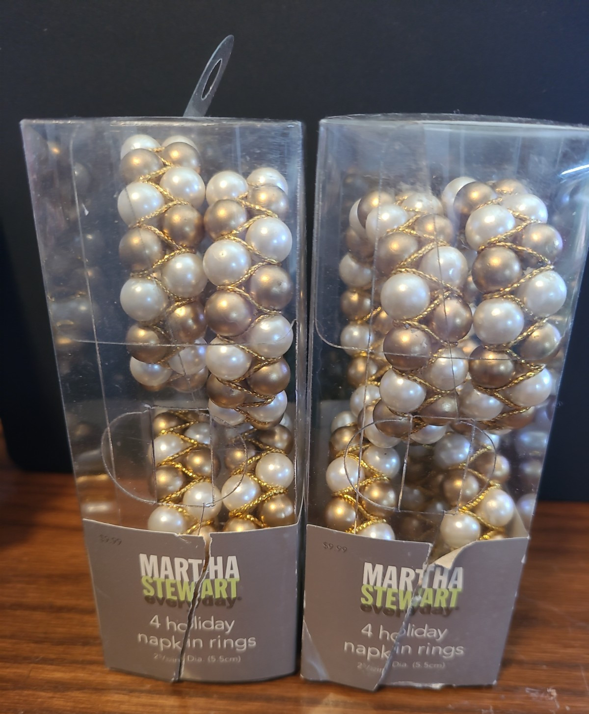 Martha Stewart Holiday Napkin Rings Gold White Beads KMart Set 8 Table Decor