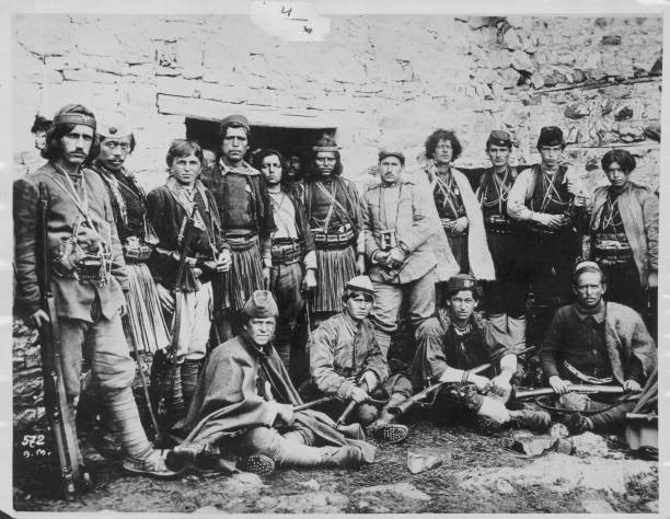 Armed Albanian men awaiting arrival First World War, Albania, circ Old Photo