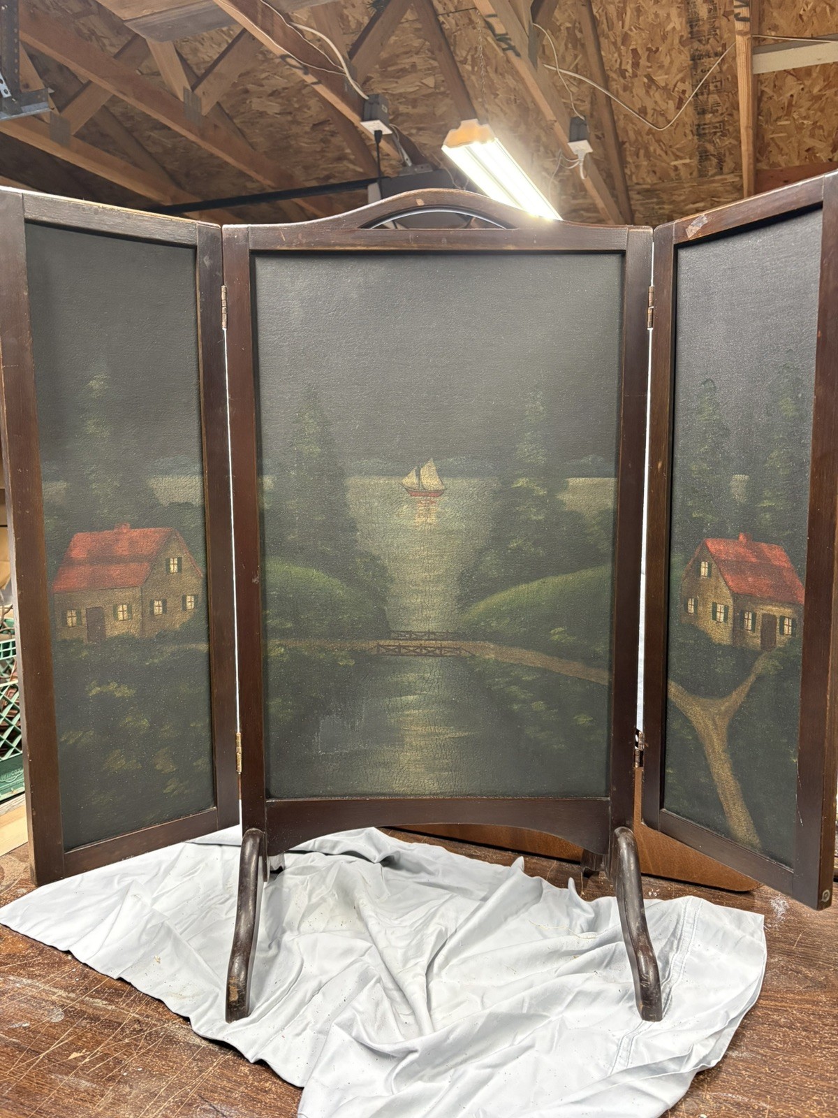 Vintage brother FERGUSON Hand Painted Leather & Wood Fireplace Screen 